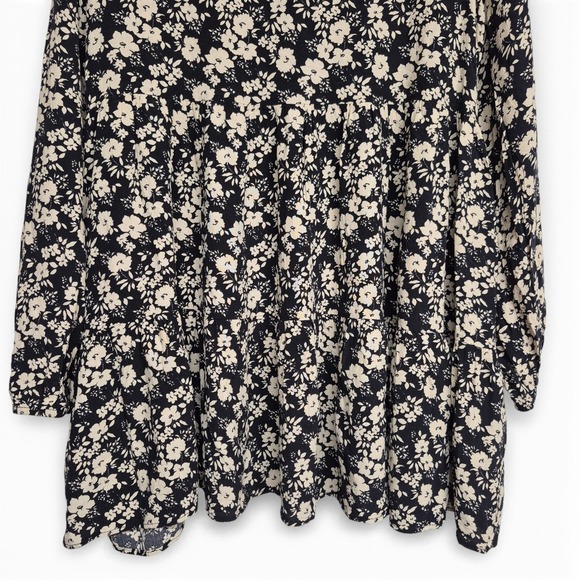 Zara Womens Size M Black Floral Tiered Babydoll Mini Dress Long Sleeve Collared - Picture 7 of 9